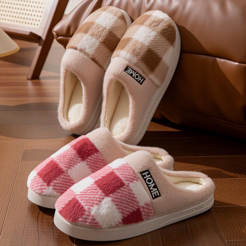 Cotton Slippers Autumn and Winter Color Matching Plush Indoor Living Room Home Heating Thickened Couple Shoes