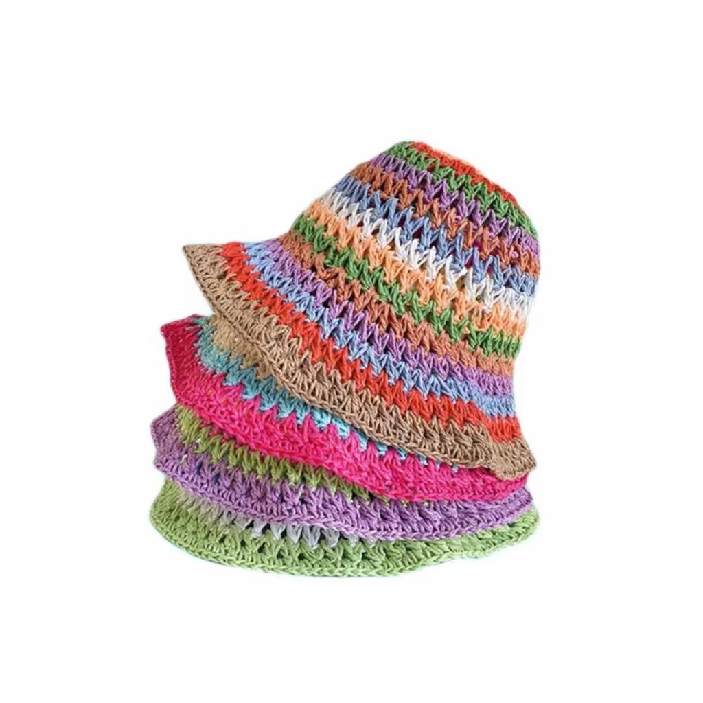 Summer rainbow straw bucket hat seaside vacation dopamine fashion sunscreen straw hat shade beach hat bucket hat