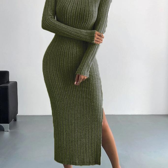 2023 Autumn/Winter Women's Long-Sleeve Knitted Slit Dress
