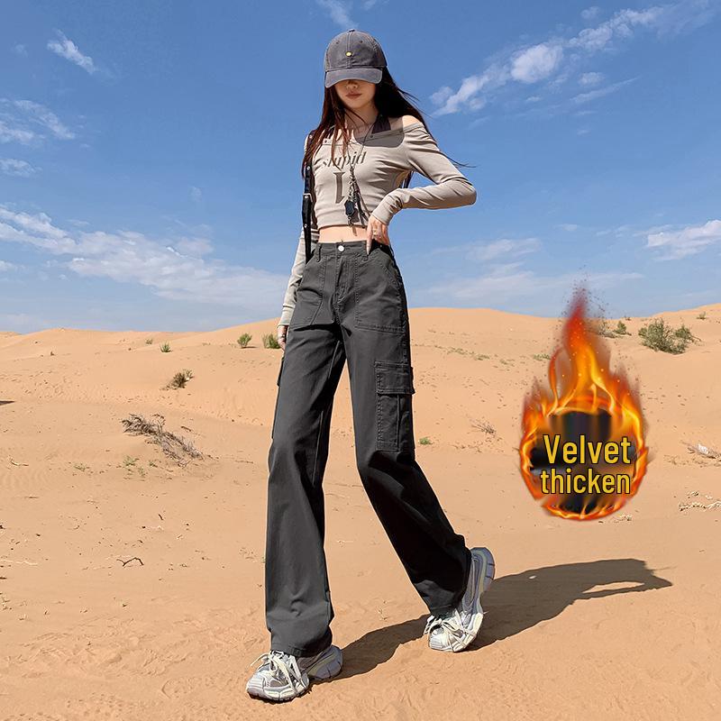 Women's Fleece-Lined High-Waisted Retro Straight-Leg Jeans with Multi-Pockets