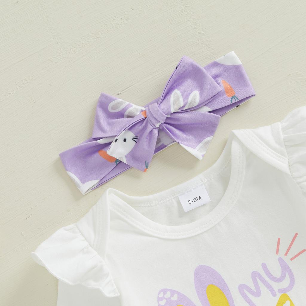 Baby Mädchen Oster-Outfit Hase Langarm Strampler Schleife Lagenrüschen Shorts zum Binden Stirnband Socken Frühlingskleidung