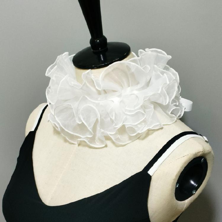 Women Organza Layering Ruffled False Collar Ribbon Tie Detachable Chokers Shawl