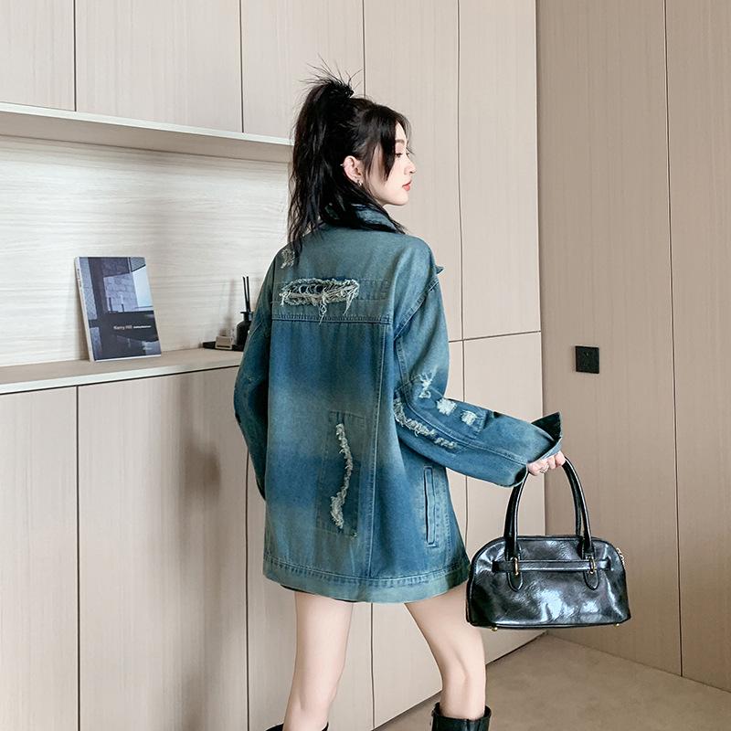 Women s Retro Loose Fit Ripped Denim Jacket - New Autumn Trend Medium