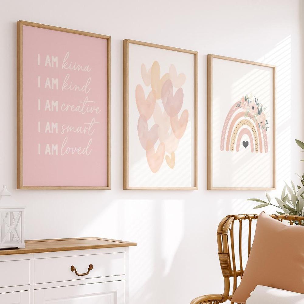 3pcs Frameless,Neutral Nursery Canvas Wall Art Print Bohemian Rainbow Heart Quotation Poster,Bedroom Living Room Home Wall Decor