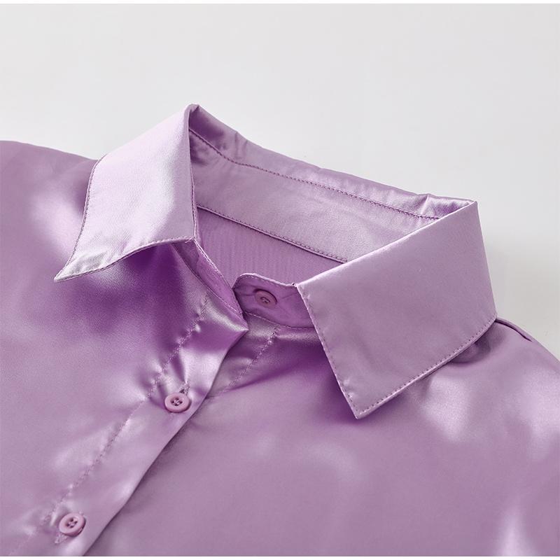 Damen 2023 Elegant Satin Einfarbig Langarm Blusen Damen Chic Vintage Blau Grün Lässig Locker Sitzend Knöpfe Hemden Oberteile