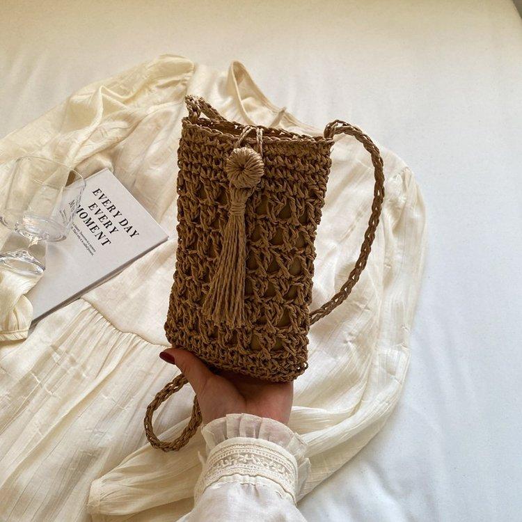 Female Vintage Crossbody Phone Bag Straw Rope Hand-woven Vacation Mini Purse Women Casual Mobile Phone Pouch Streetwear