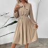 Women Autumn Long Sleeve A Line Dress High Waist Pleated Solid Bow Collar Long Dresses Spring Sizes S XL