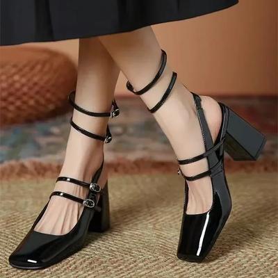 Divat Luxus Designer Női Szandálok Szexi Bokapántos Csattal Szögletes Orr Vaskos Magassarkú Fekete Nyári Fekete Elegáns Slingback Pumps Női Szandálok