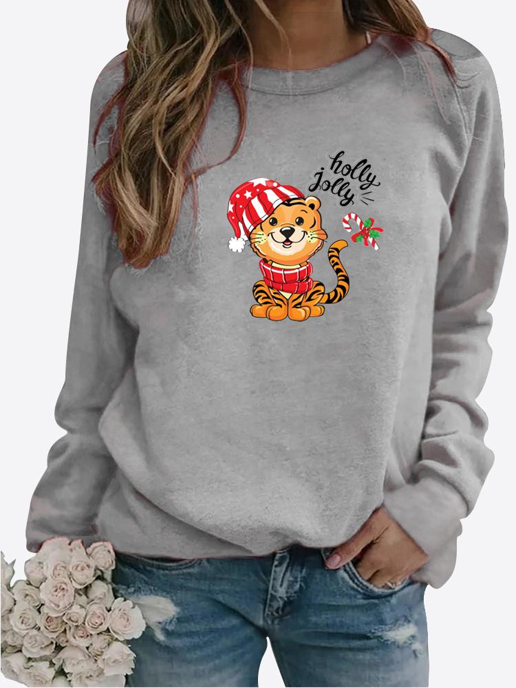 Damen Winter Bedrucktes Rundhals-Bequemes Sport-T-Shirt Plus Size Casual Langarm-Tops Sweatshirt Bedruckter Pullover Pullover