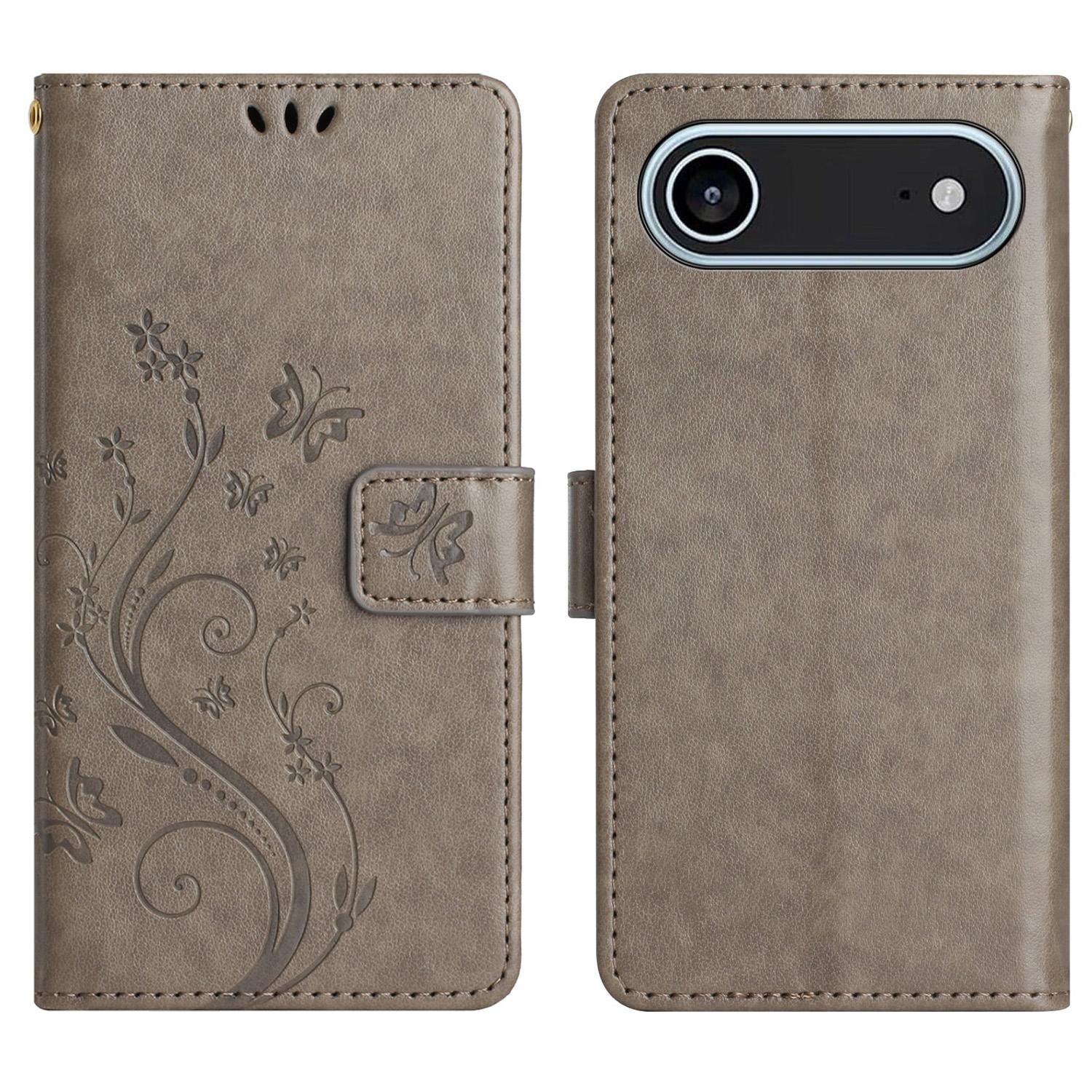 

For iPhone 17 Air Leather Wallet Case Butterfly Flower Imprinted Phone Cover with Strap Grey