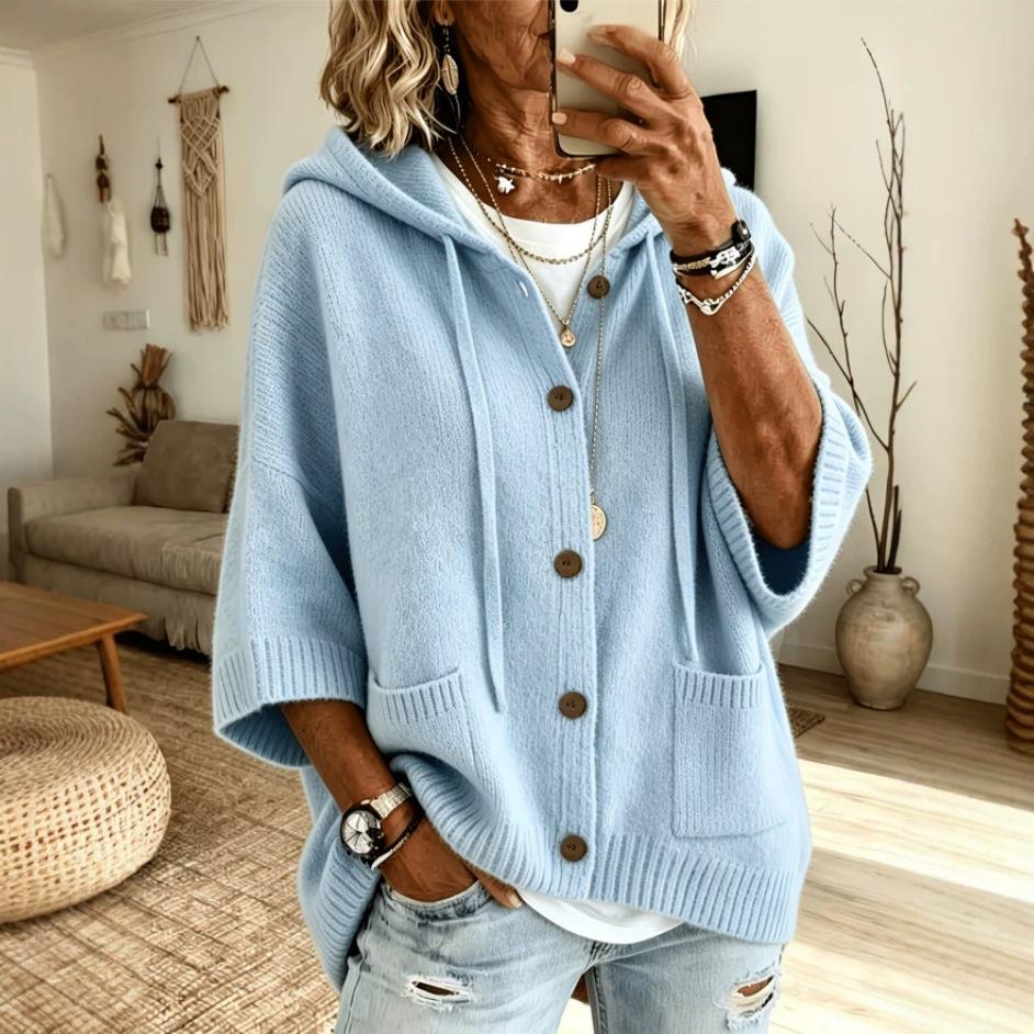 2026 European and American button-knitted hooded sweater cardigan jacket autumn and winter new solid color casual fashion women's clothing