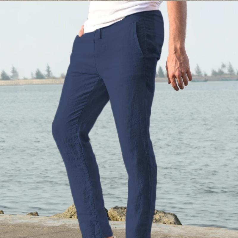 Men's Cotton Linen Long Pants Summer Solid Color Breathable Linen Trousers Male Casual Elastic Waist Casual Pants Harajuku Trous
