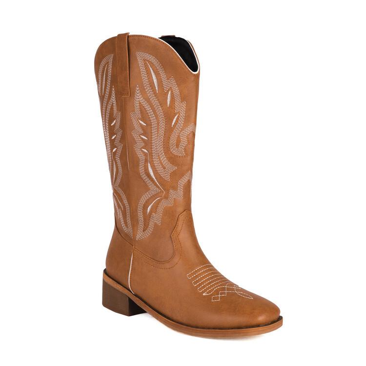 Western Cowboy Boots Men's Boots Winter Embroidery V-Mouth Knight Boots Square Head Medium Boots Women's
