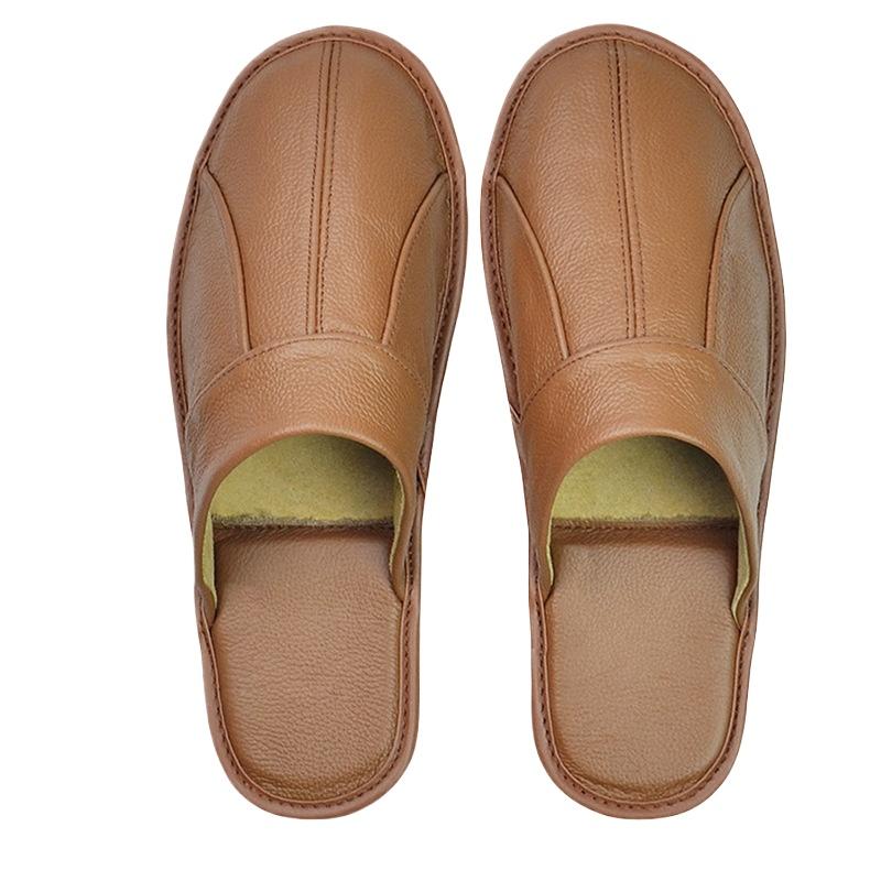Men's Luxury Cow Split Leather Handmade Men Home Slippers Spring Slip On Soft Comfortable Black Brown Bedroom Indoor Flat Shoes