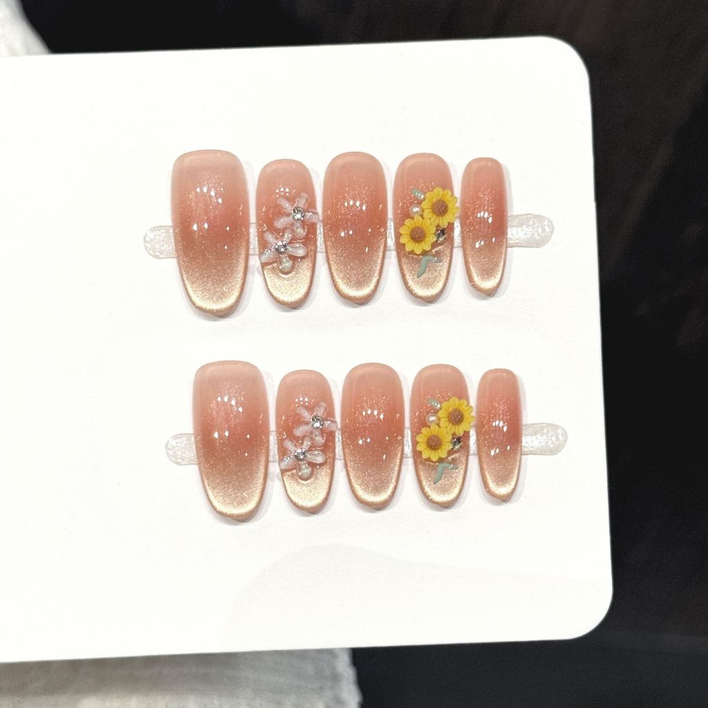 Handmade Press On Nail Spring Summer French Gentle Warm Gold Gradient Cat Eye 3D Sunflower Medium Oval Fake Nail Patch Artificial Nail Reusable XS