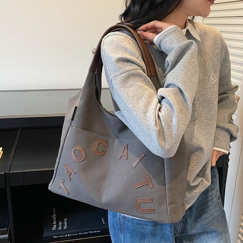 Winter Vintage Shoulder Bag Women Korean Style Canvas Tote Handle Bag Multi Pocket Letter Print Texture Versatile Storage Bags
