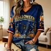 Women's Halloween Print V-Neck T-Shirt, Short Sleeve Casual Pullover Top for Everyday Wear