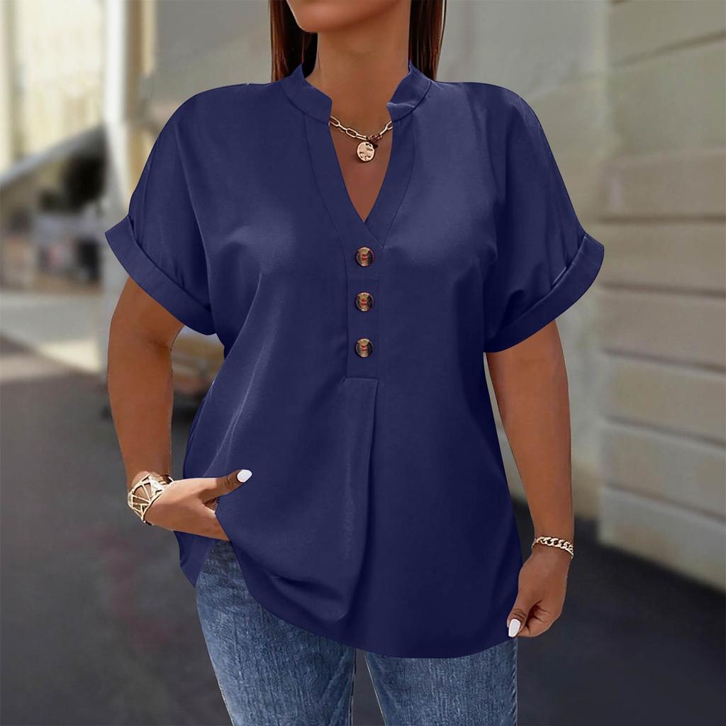 Women's Fashion Short Sleeve V Neck Button Up Blouse Stylish Casual Plus Size Top