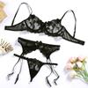 Set di biancheria intima a rete trasparente con fiori ricamati 3 pezzi Set di biancheria intima in pizzo traspirante con ferretto e reggiseno con fiocco grande e mutandine giarrettiera