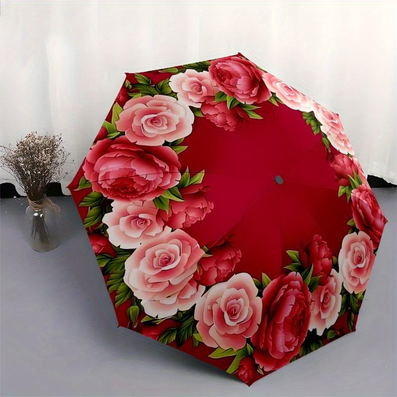 Flower wreath Automatic Folding Umbrella Simple 8 Rib Design, Bright Cartoon Pattern, Durable Iron Frame, Suitable For Travel, Outdoor, Bea