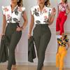 Fashionable Printed Ruffled-sleeved Top, Solid-colored Pants, Belt Set For Women