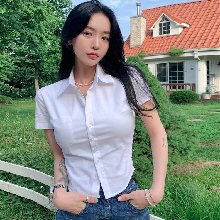 Summer  Women s Waist Cinching Sexy Short Sleeved Shirt Top White Shirt Short Cut Slim Fit Shirt S