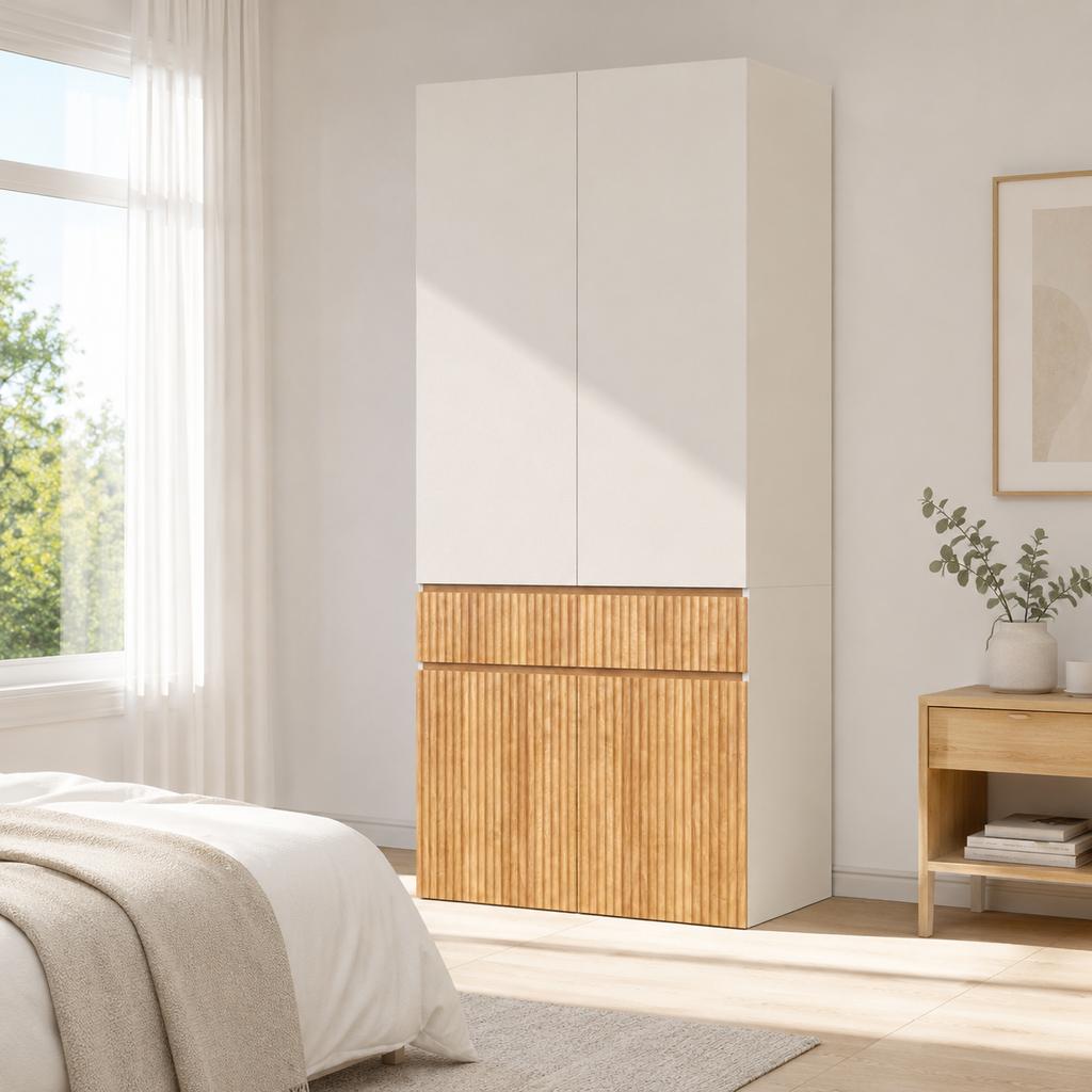 Hinged door wardrobe, 90 x 50 x 200 cm, with 1 clothes rail, 1 drawer and 4 doors, for bedroom, hallway, children's room or office, light oak