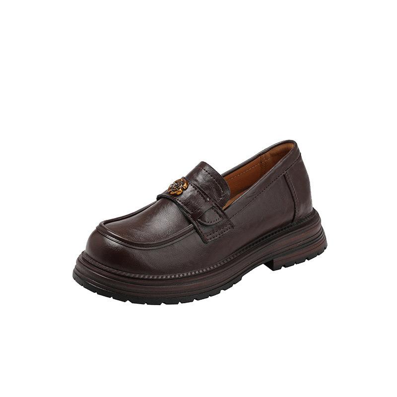 Women's New Versatile Soft Leather Commuting Single Shoes with a Thick Sole and an Inner Height of 6cm, Small Black Leather Shoes