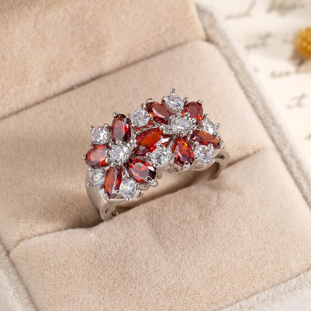 Dragon's Intention Luxurious Ruby Red Floral Zircon Ring: European & American Style