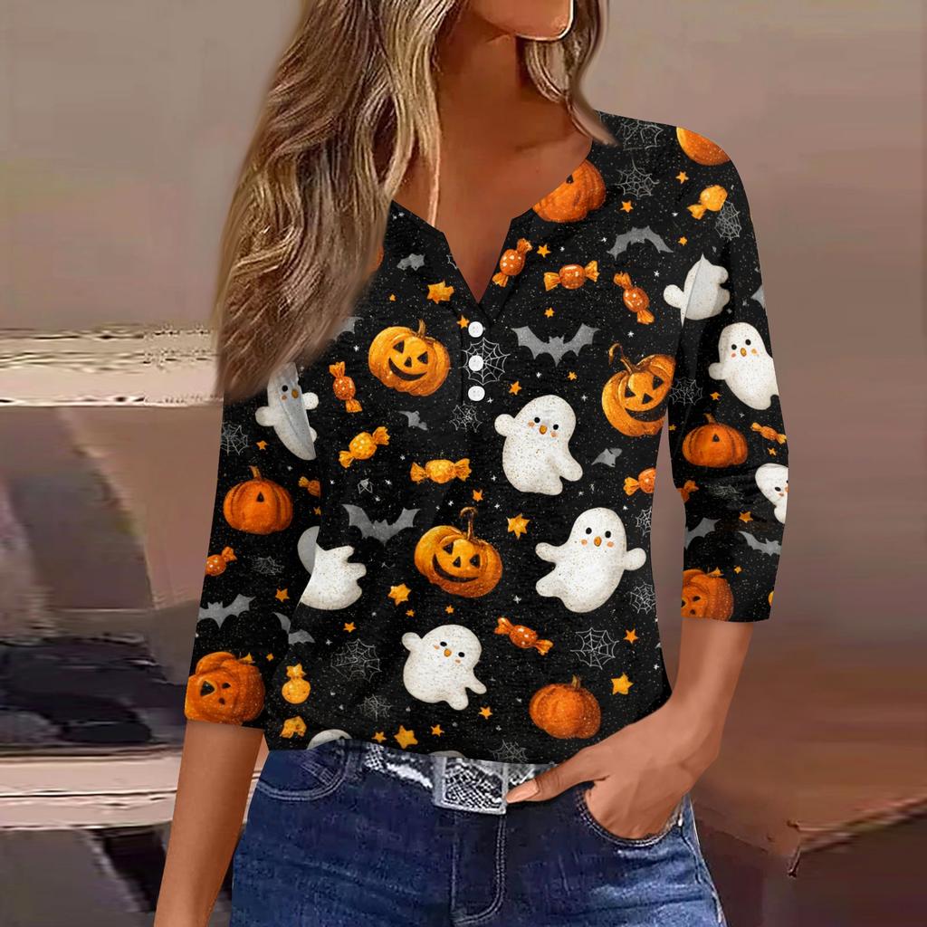 Women's Halloween Printed V Neck Button Front Three Quarter Sleeve Casual Top Lightweight Soft Fabric Comfortable Fit