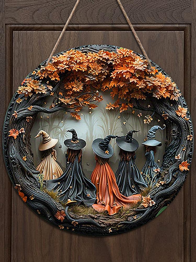 Five Witches Halloween Door Decorations Wear Resist Halloween Wreath Decoration Wood Holiday Doorplate for Home Front Door Decor
