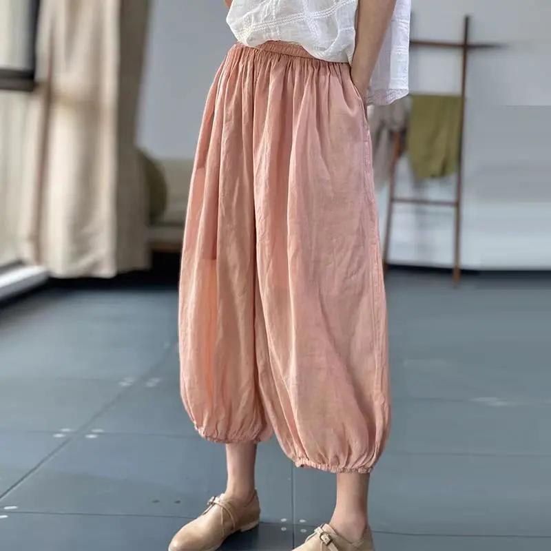 

Большие летние шикарные повседневные женские хлопковые шаровары длиной до щиколотки в Корейском стиле, женские свободные плиссированные брюки большого размера M розовый
