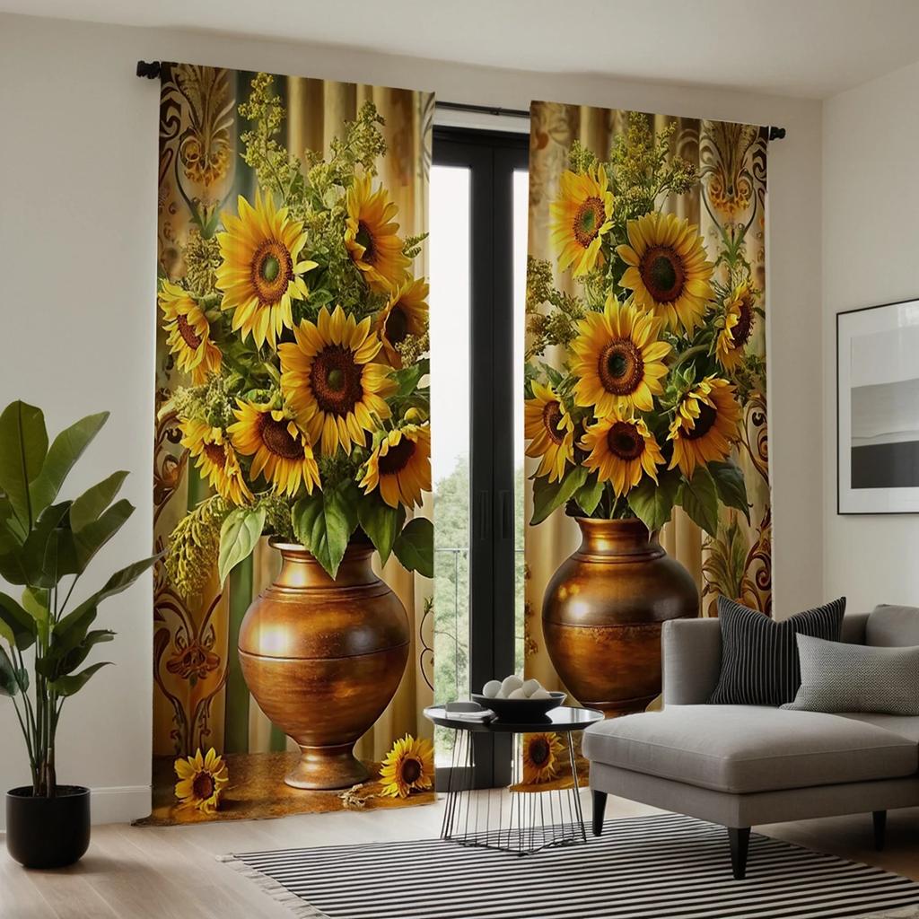 Set Of 2 Hd Digital Curtains Printed Yellow Tied Jar Sunflower Flower Home Decoration Style Decorate Living Room Bedroom Wear Rod Curtain Polyester
