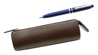 Recycled Cowhide Pencil Case, Traditional Standard Brown, with Midnight Rotating Ballpoint Pen Set, Blue, T23-LS028C-SA2002BP-L
