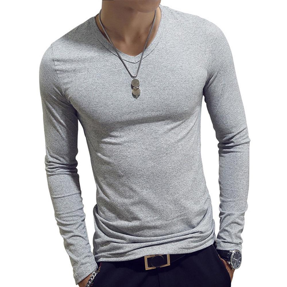 Men's Fashion Casual Slim Fit Long Sleeve T-Shirts Lightweight Solid Color O/V Neck Cotton T-Shirts Blouse