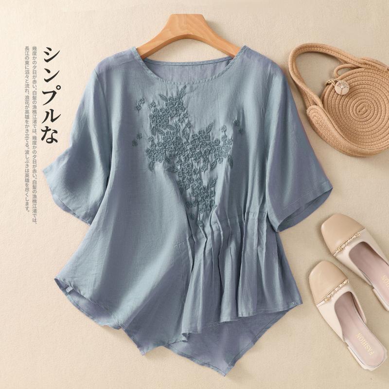 

New Summer Retro Loose Embroidered Cotton Linen T-shirt Top Round Neck Shirt L синій