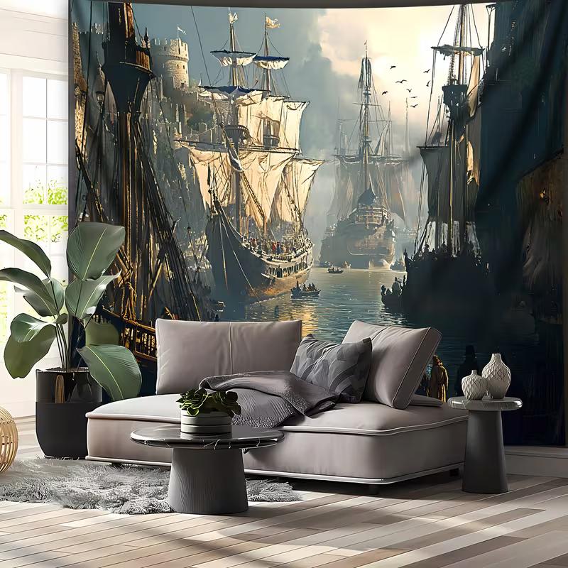 2D mittelalterliche Galeonenschiffe Wandteppich, alter Hafen Segelflotte Wandbehang für ästhetische nautische Dekoration