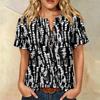 Camicia Casual da Donna con Stampa, Collo Henley, Manica Corta, Cotone e Lino, Tasca Frontale e Bottone, Vestibilità Rilassata