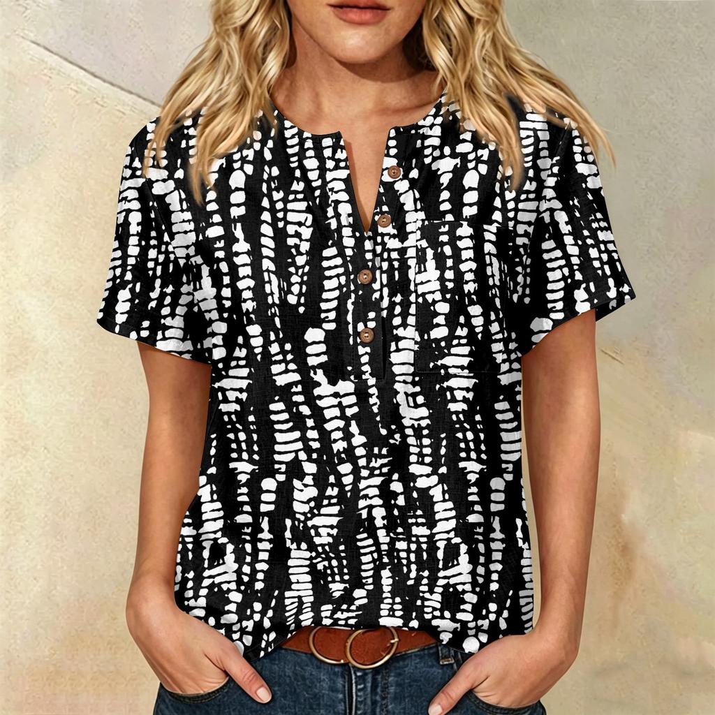 Camicia Casual da Donna con Stampa, Collo Henley, Manica Corta, Cotone e Lino, Tasca Frontale e Bottone, Vestibilità Rilassata