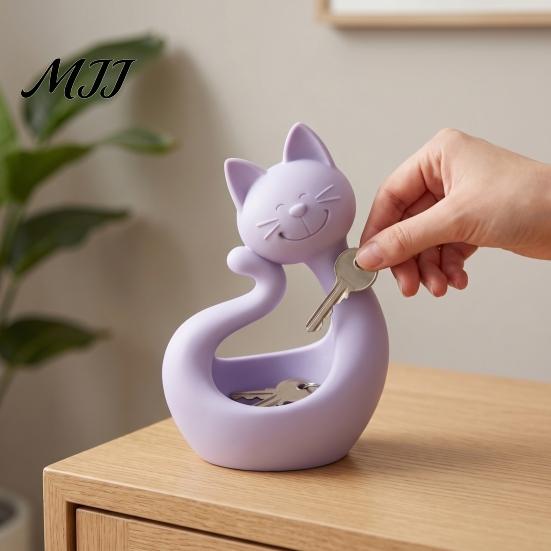 Entryway Key Storage Cat Shape 3D Printed Tray, Matte Finish Decorative Desktop PLA Material Trinket Tray Durable Ornament for Bedroom Dressing Table