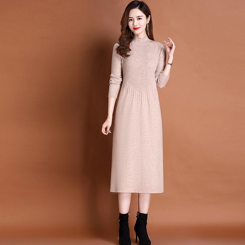 Solid-color Sweater Dress for Women's Autumn and Winter Casual Half Turtleneck Sweater A-line Dress