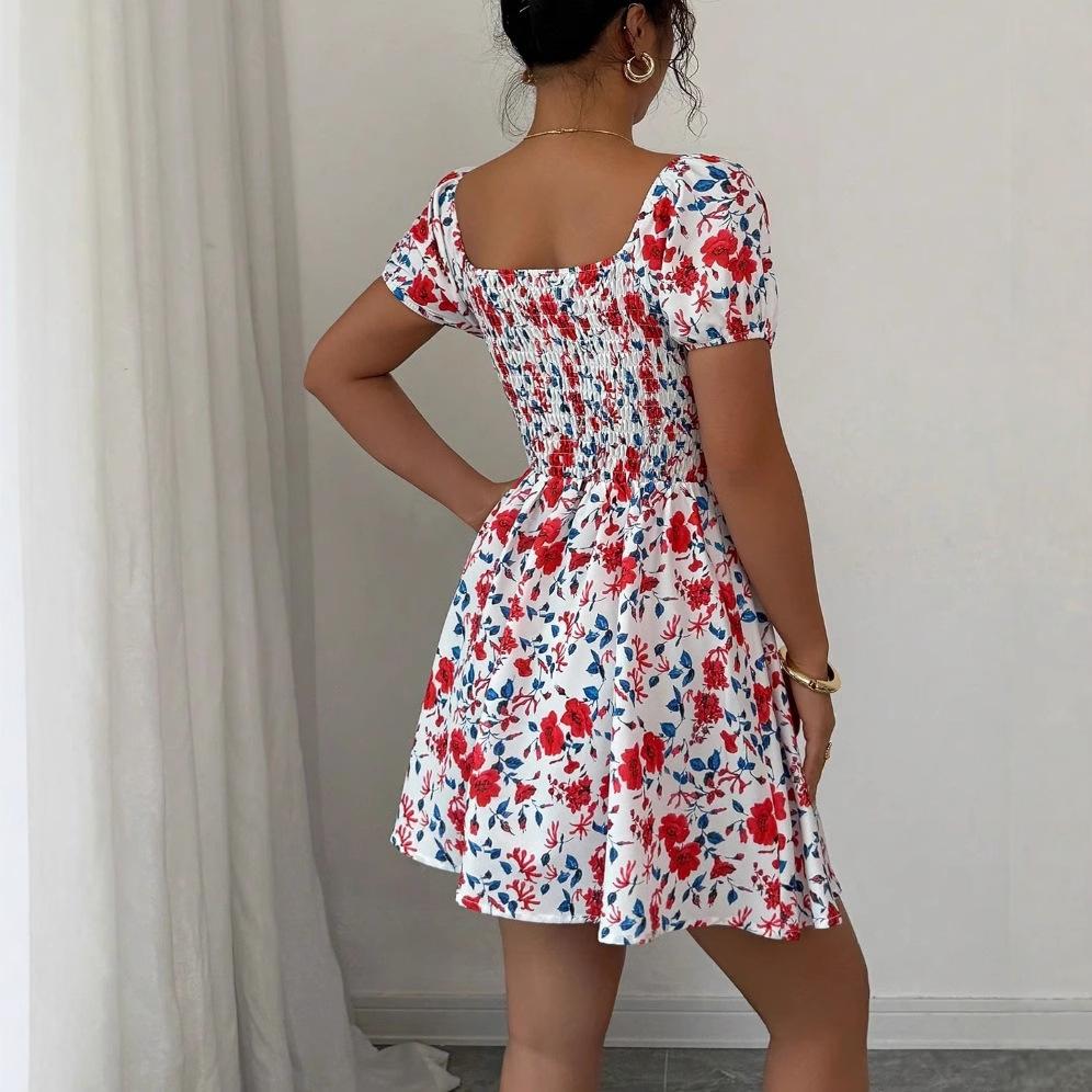 European and American Women's Clothing New Square Collar Printed Bubble Sleeve Dress