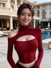 Elegant Hollowed-Out Off-Shoulder Women's Winter Top: High-End, Sexy, Long-Sleeved Outerwear for Fashion-Forward Socialites.
