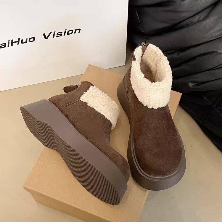 Thick-soled heightening snow boots women's 2025 winter new thin and versatile rear zipper small short boots warm cotton shoes