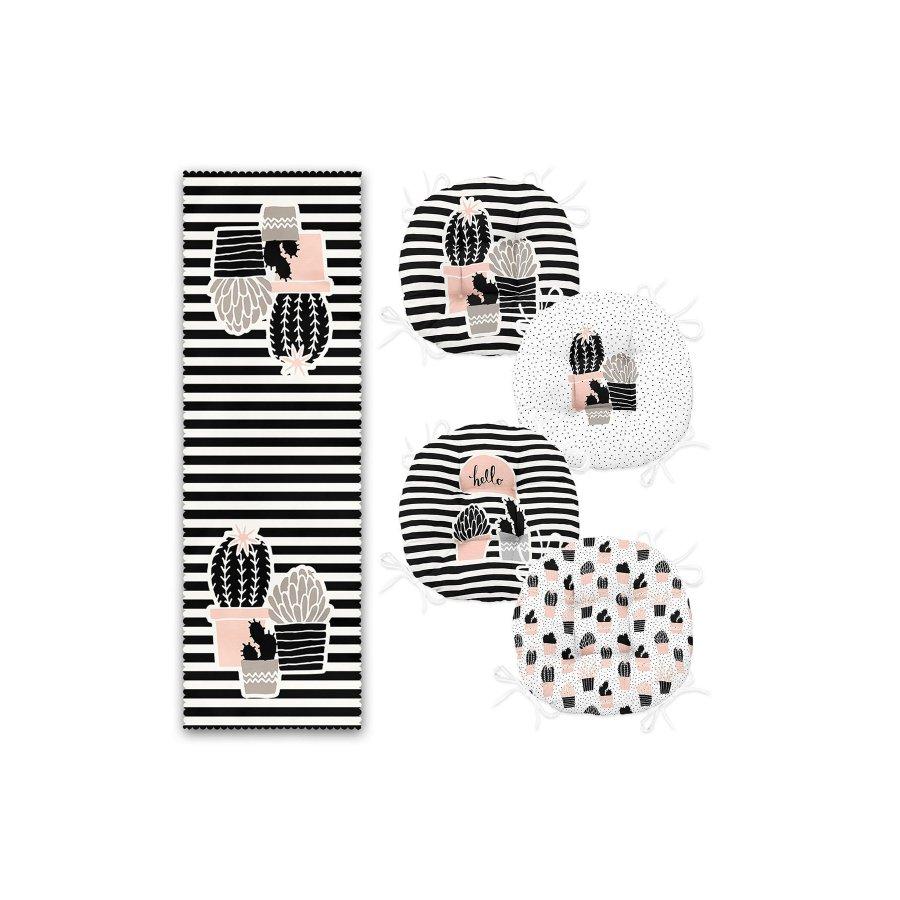 5-teiliges Stuhlkissen-Set / digital bedruckt, 4 Stück runde Stuhlkissen und 1 Stück Läufer