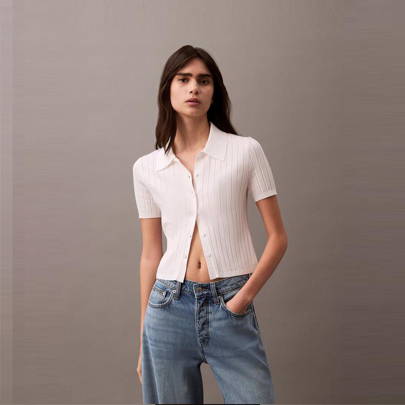 Calvin Klein Casual Striped Texture Polo Short Sleeve Knit Top Women tops White 47AB304-YAA