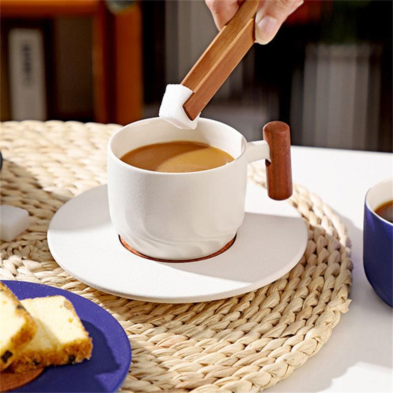 Blue Retro Ceramic Coffee Cup with Saucer 130ml Wooden Handle Tea Water Cup Filter Tea Mug Handmade Frosted Tea Coffee Cup Gift