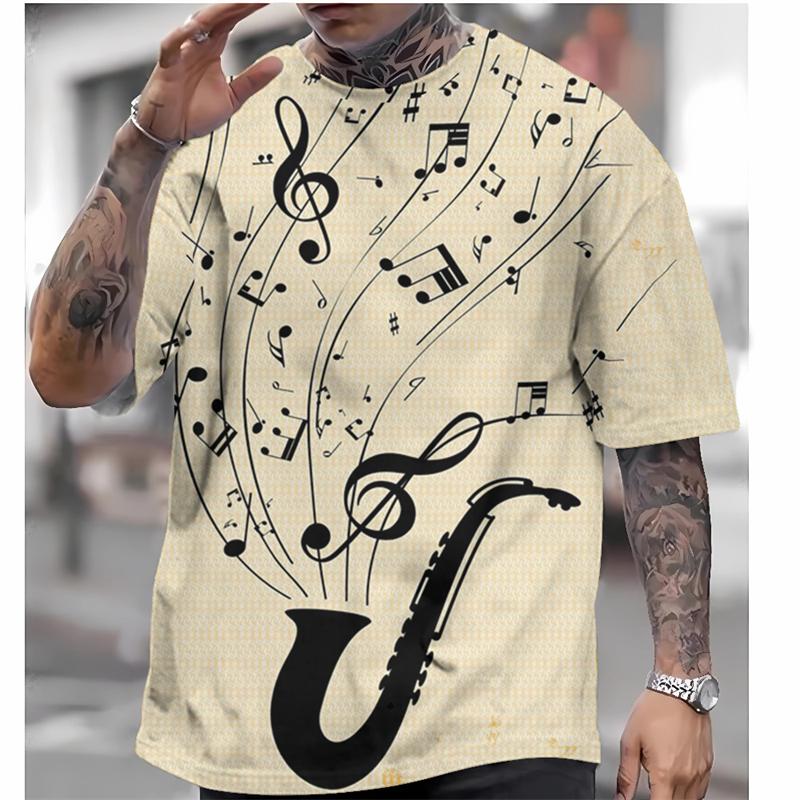 Fashionable piano key pattern T-shirt, summer popular short sleeved round neck 3D note printed T-shirt, simple casual loose T-shirt