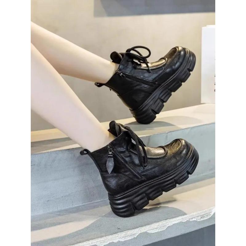 Leather Boots Women's High Top Fce Lined Thi Bot Heightening Ort Boots Autumn Winter Fashion UK Sle Round Toe
