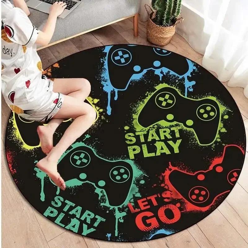 Cartoon Gamer Game Controller Round Area Rug,Circle Carpet Rugs for Living Room Children's Bedroom Sofa Decor,Non-slip Floor Mat